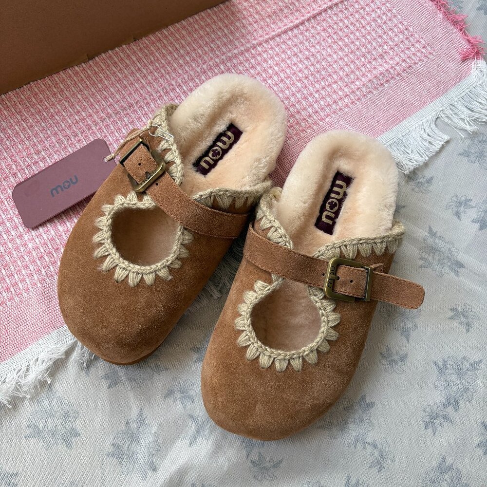 Mou Cognac Colored Mary Jane Hand Crocheted Wool Slippers